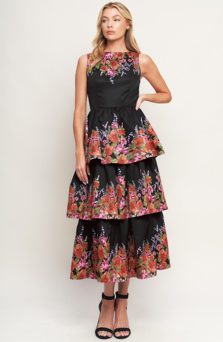 FLYING TOMATO Floral Tiered Midi Dress, Alternate, color, Black