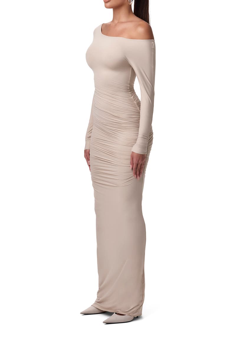 Ruched Off the Shoulder Long Sleeve Maxi Dress, Alternate, color, TAUPE