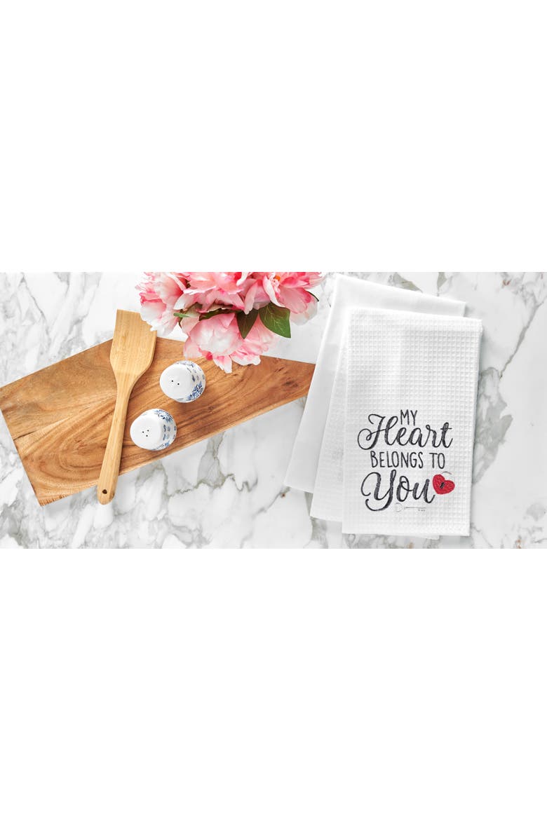 "Heart Belongs To You" Embroidered 100% Cotton Waffle Weave Valentine's Day Dishtowel, Alternate, color, White