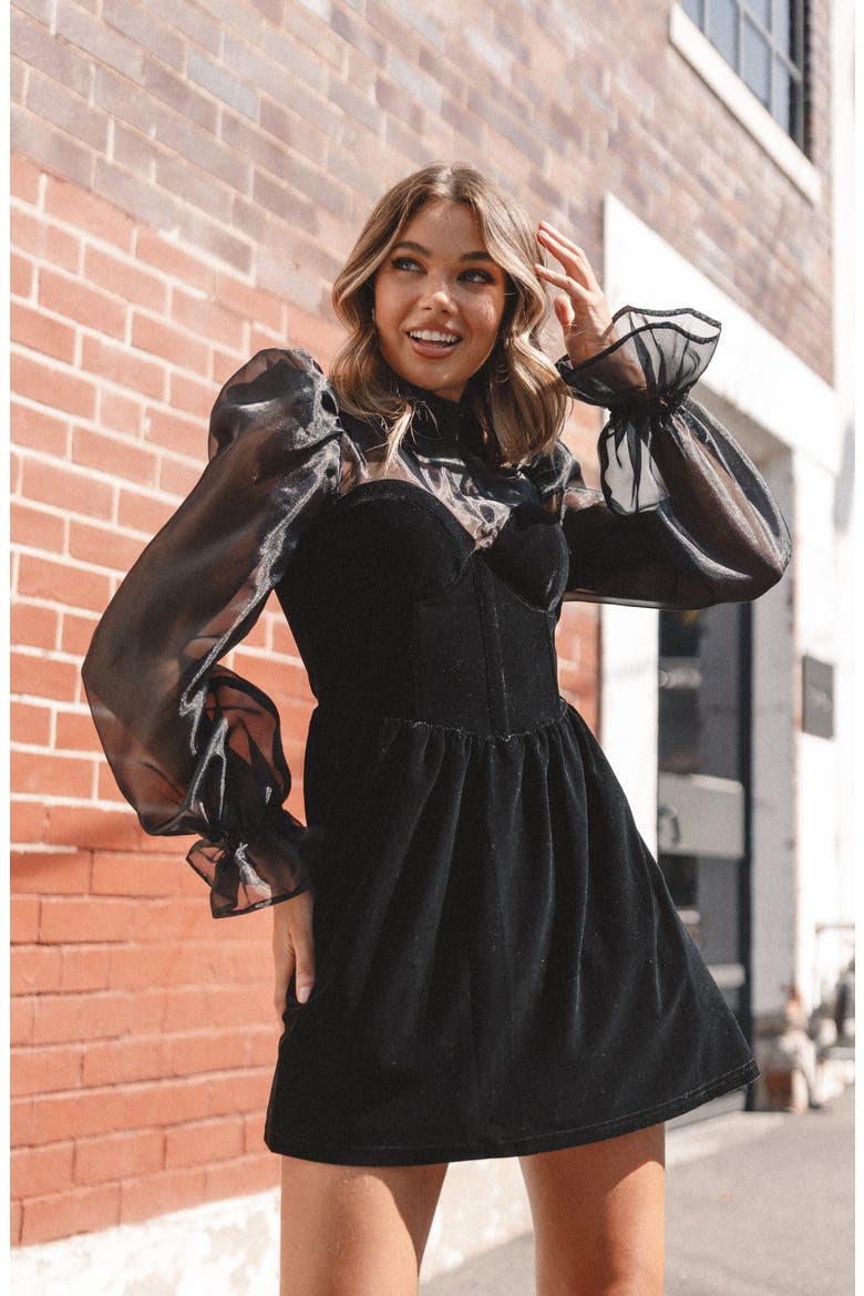 Blaire Organza & Velvet Long Sleeve Minidress, Alternate, color, BLACK
