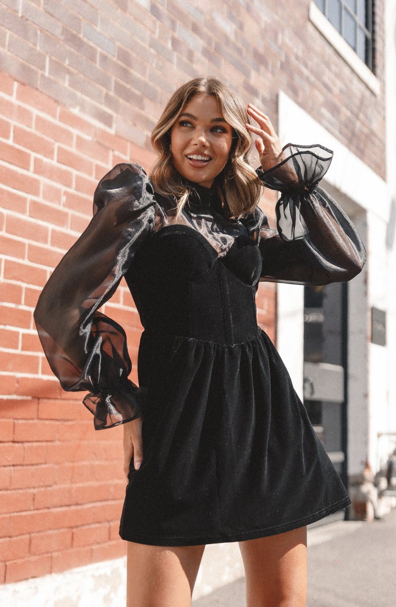 Petal & Pup Blaire Organza & Velvet Long Sleeve Minidress, Alternate, color, 