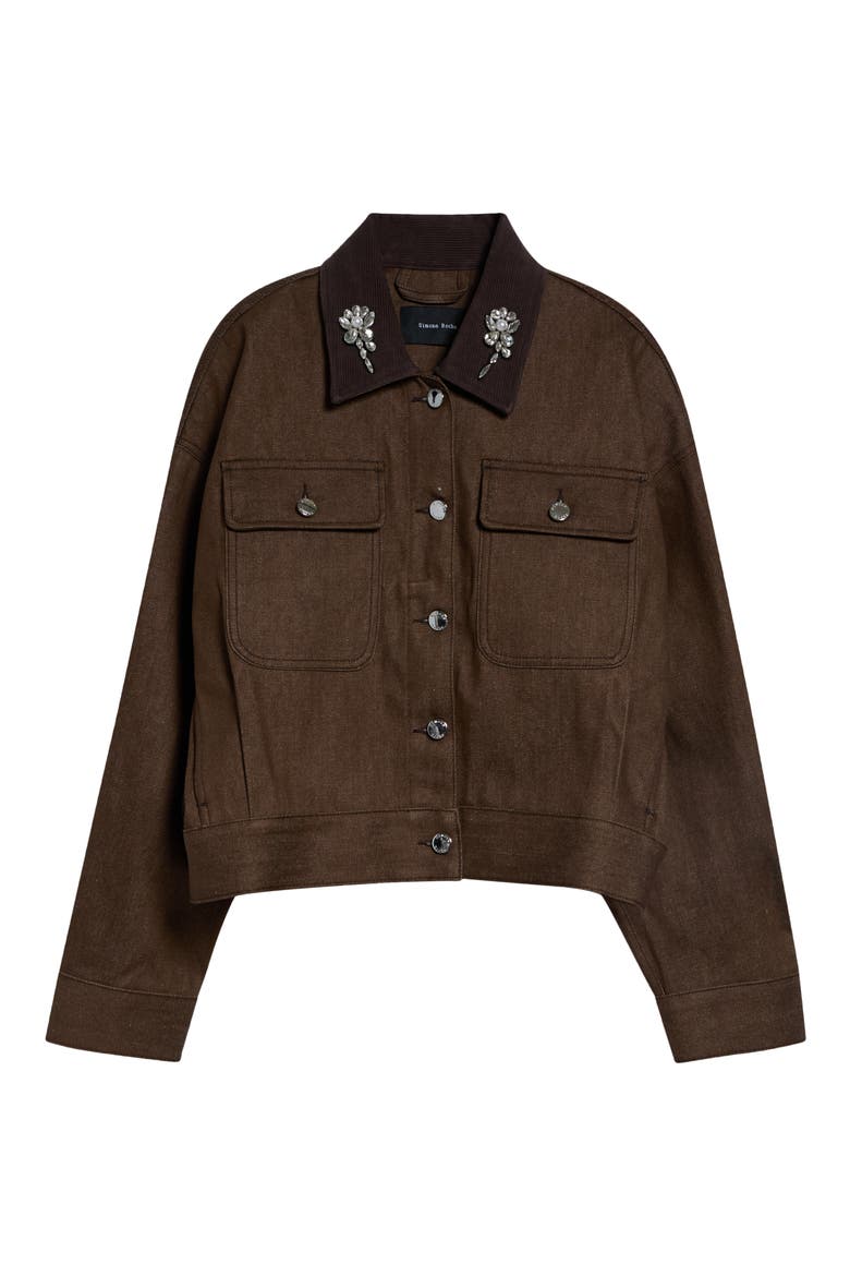 Embellished Crop Utility Pocket Denim Workwear Jacket, Main, color, TAN/ PEARL/ CLEAR