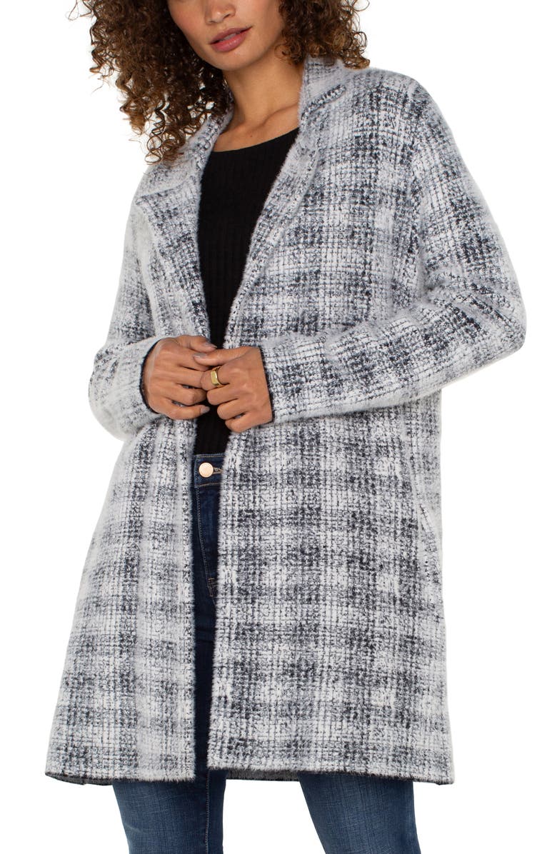 Liverpool Los Angeles Long Open Front Jacket, Alternate, color, Grey/White Plaid