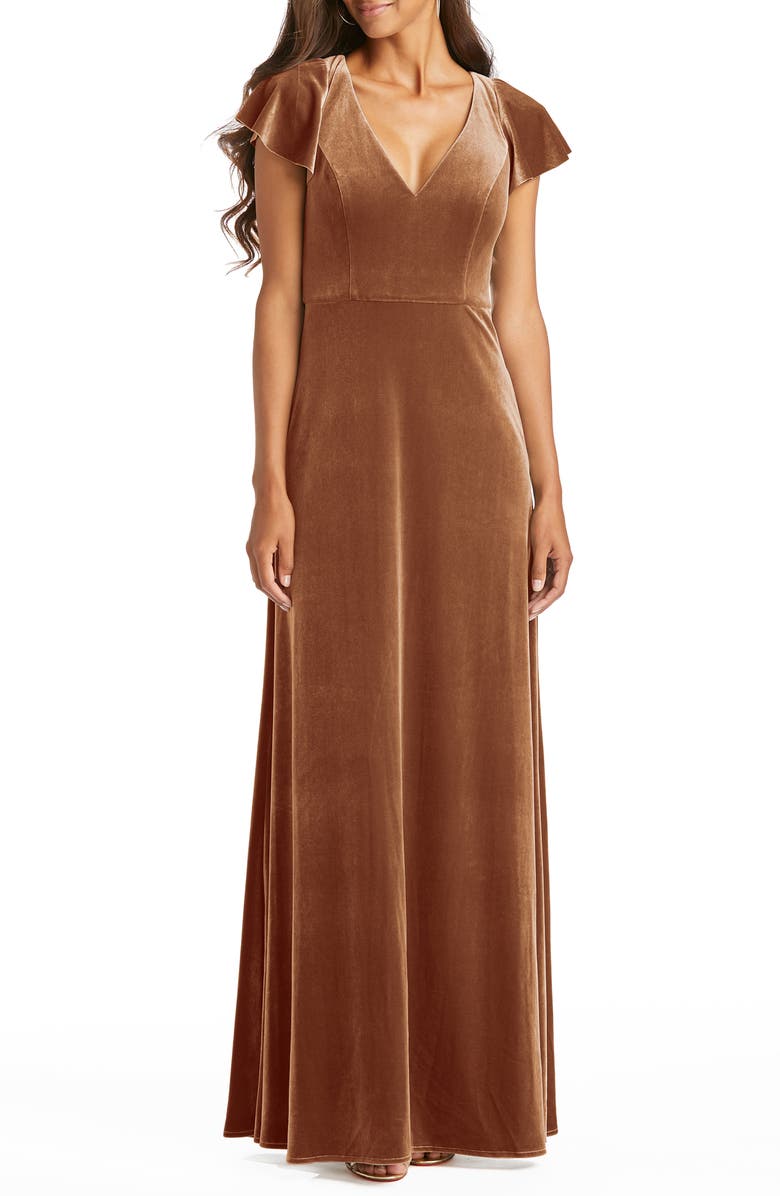After Six Flutter Sleeve Velvet Gown, Main, color,