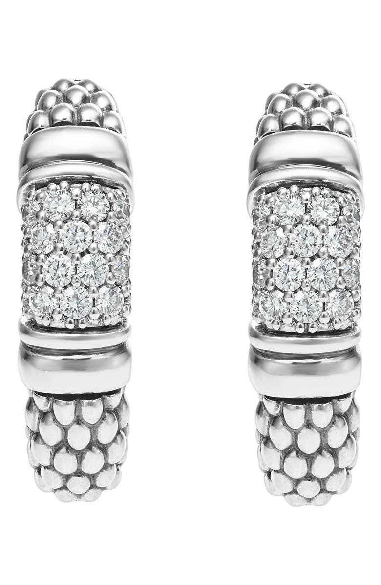 LAGOS Signature Caviar Pavé Diamond J Hoop Earrings, Main, color, Silver