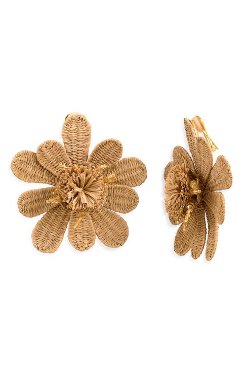 Large Flower Woven Raffia Clip-On Earrings