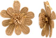 Oscar de la Renta Large Flower Woven Raffia Clip-On Earrings