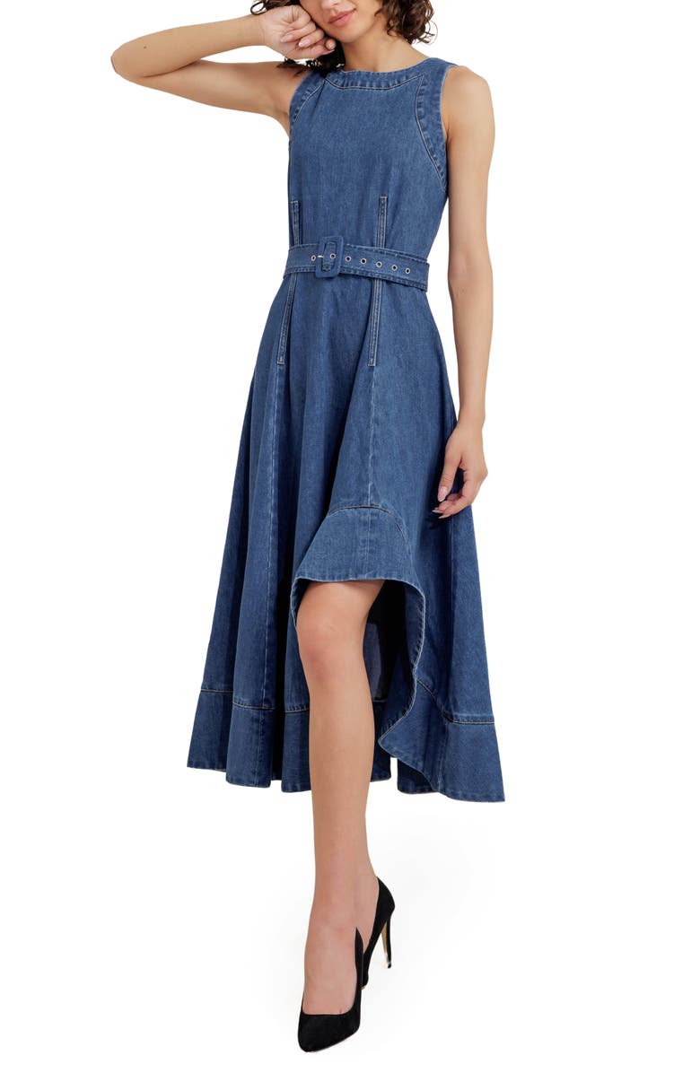 FREEMARKET Sleeveless Belted Denim Dress, Alternate, color, Indigo