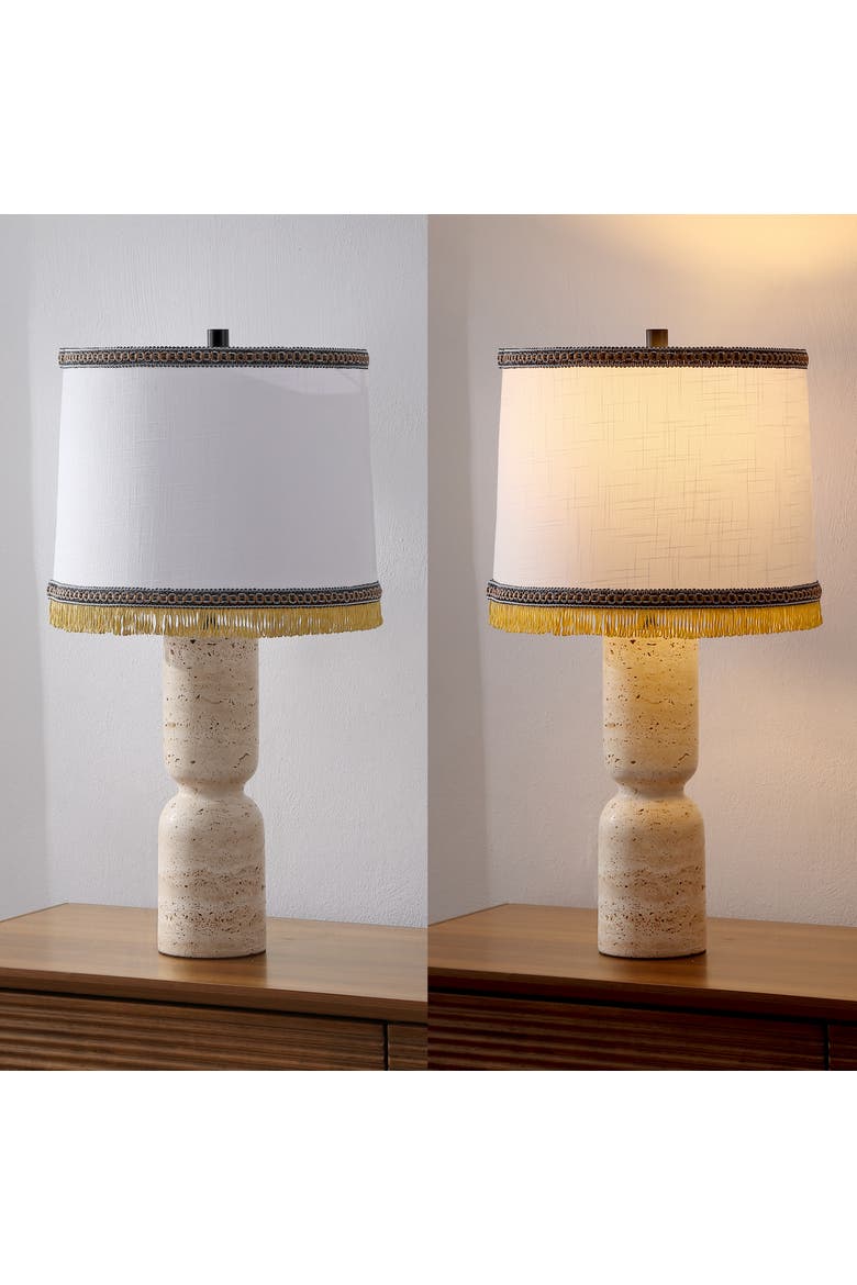 Lacy Organic Modern Sculptural Hourglass Travertine Stone with Fringed Drum Shade LED Table Lamp, Alternate, color, Natural Beige Marble
