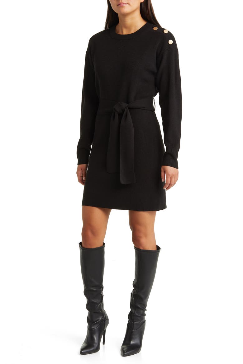 Long Sleeve Belted Mini Sweater Dress, Main, color, BLACK