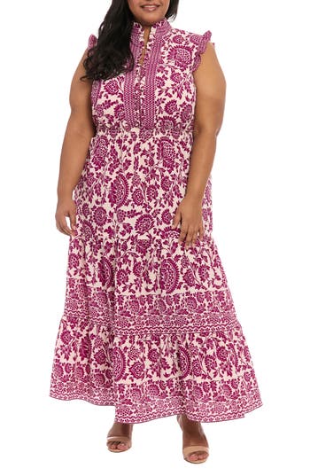 London Times Floral Ruffle Neck Sleeveless Maxi Sundress