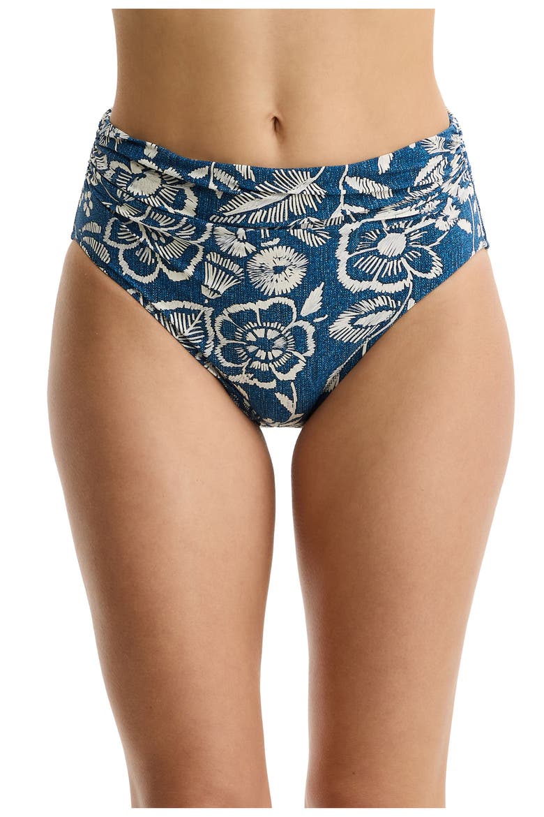 Garden Mist Shirred High Waist Swim Bottom, Main, color, Denim