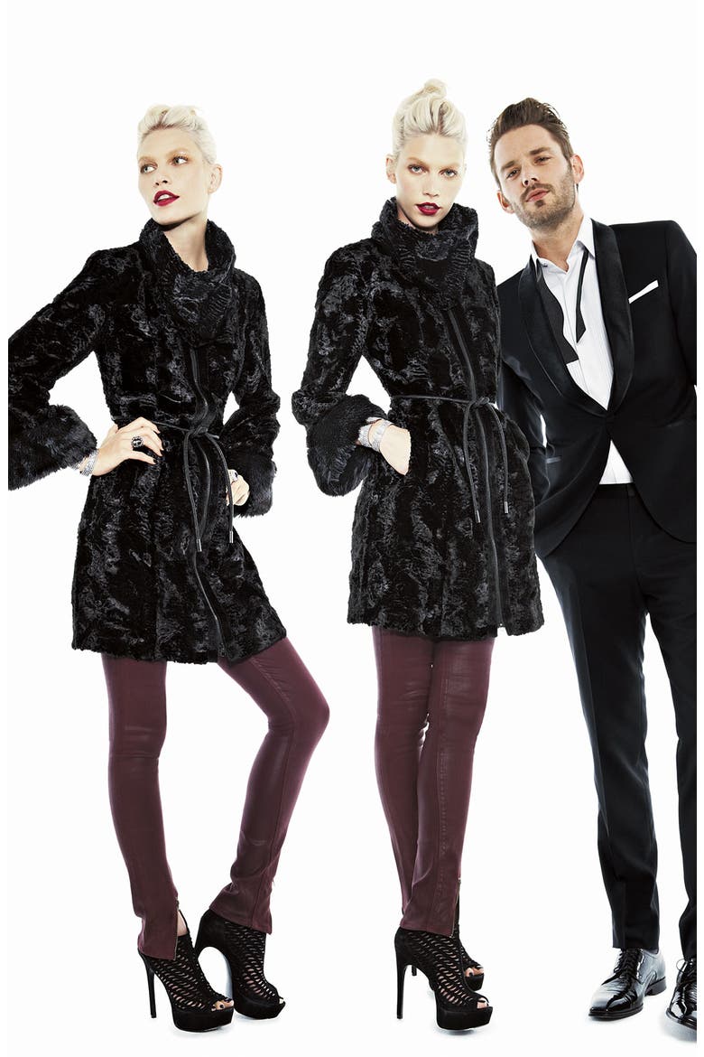 Faux Fur Coat with Scarf, Alternate, color, BLACK