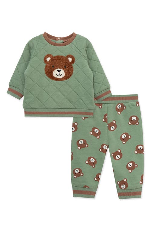 Little Me Bear Appliqué Quilted Sweatshirt & Sweatpants Set In Green
