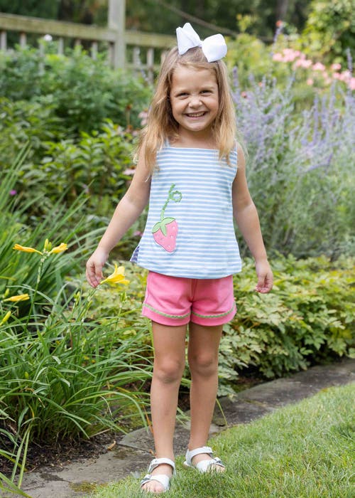 Florence Eiseman Stripe Knit Short Set With Strawberry Pocket In Blue