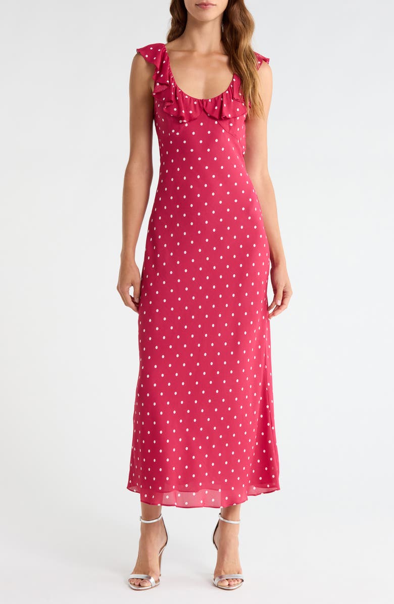 Favorite Daughter The Blossom Ruffle Dot Sleeveless Maxi Dress, Main, color, Raspberry/ Ivory Do