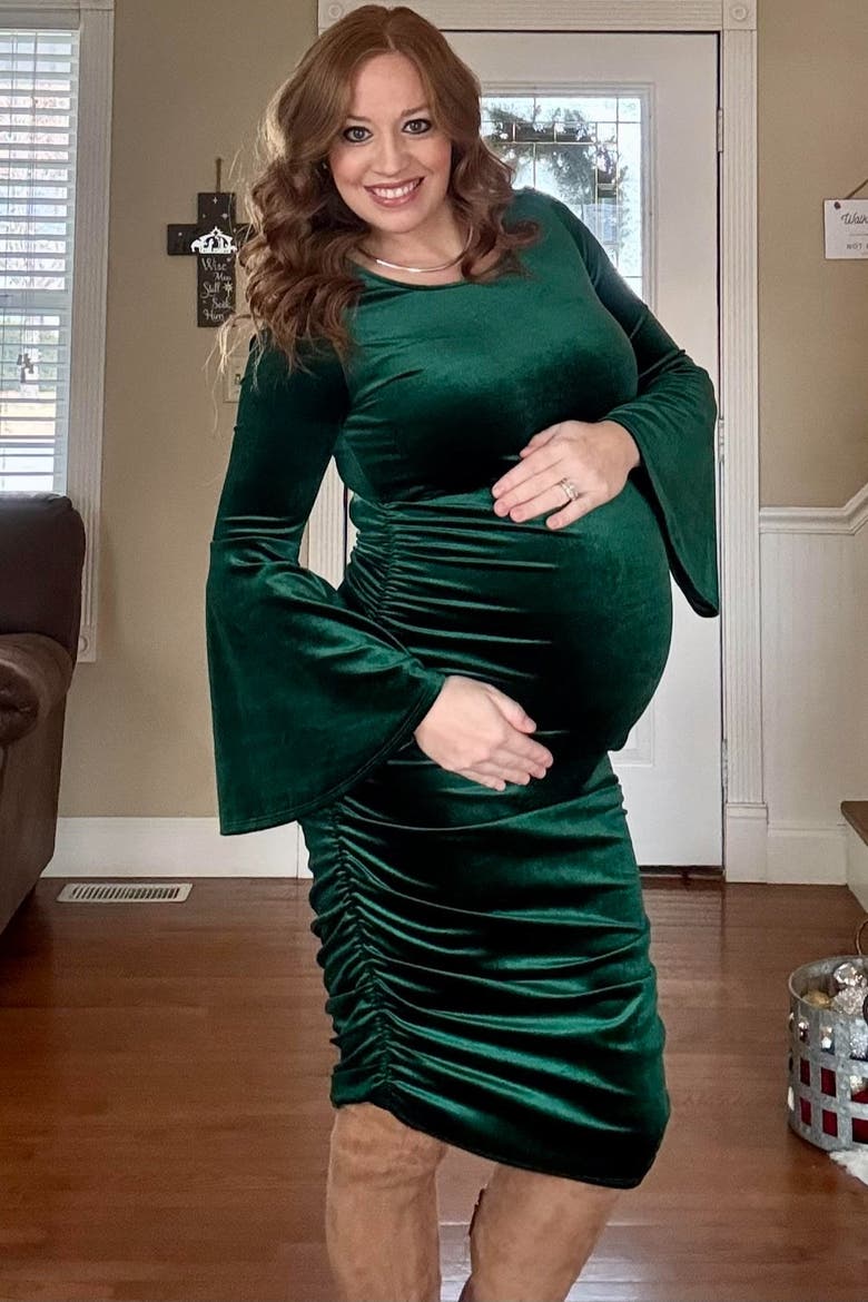 Velvet Ruched Bell Sleeve Maternity Dress, Alternate, color, Forest Green