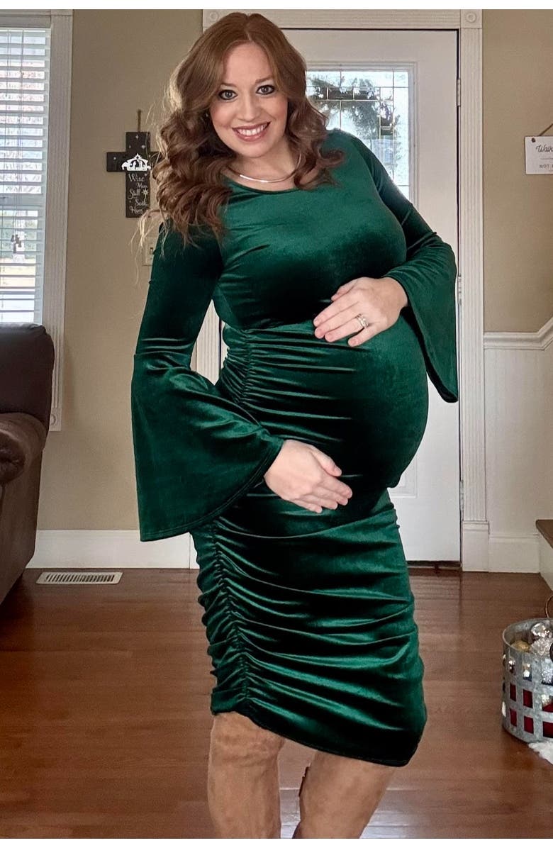 PinkBlush Velvet Ruched Bell Sleeve Maternity Dress, Alternate, color, Forest Green