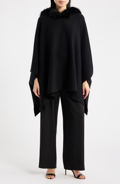 Faux Fur Trim Hooded Sweater Cape
