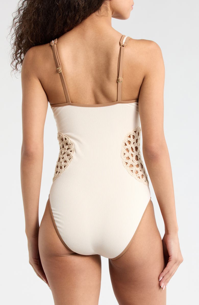 Sanctuary Plunge Crochet Inset High Leg One-Piece Swimsuit, Alternate, color, White Sand