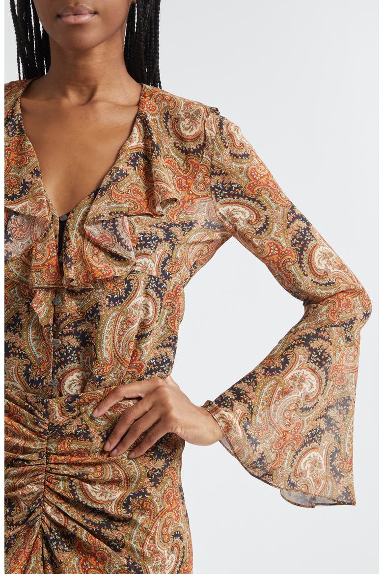 Kyrie Ruffle Bell Sleeve Silk Button-Up Shirt, Alternate, color, NAVY MULTI