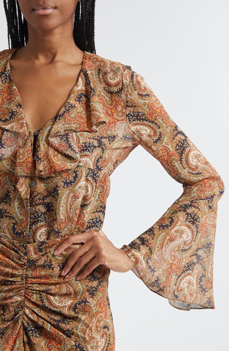 Veronica Beard Kyrie Ruffle Bell Sleeve Silk Button-Up Shirt, Alternate, color, Navy Multi