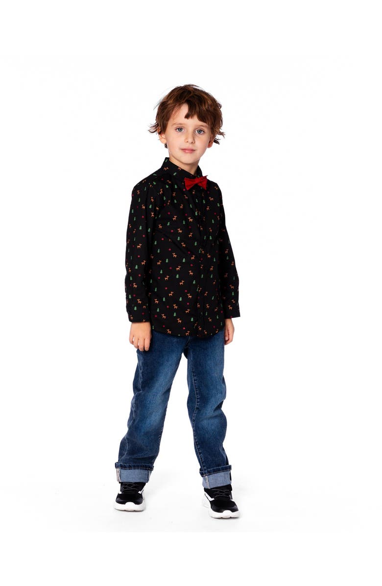 Deux par Deux Poplin Shirt with Bow Tie, Alternate, color, Black And Multicolor