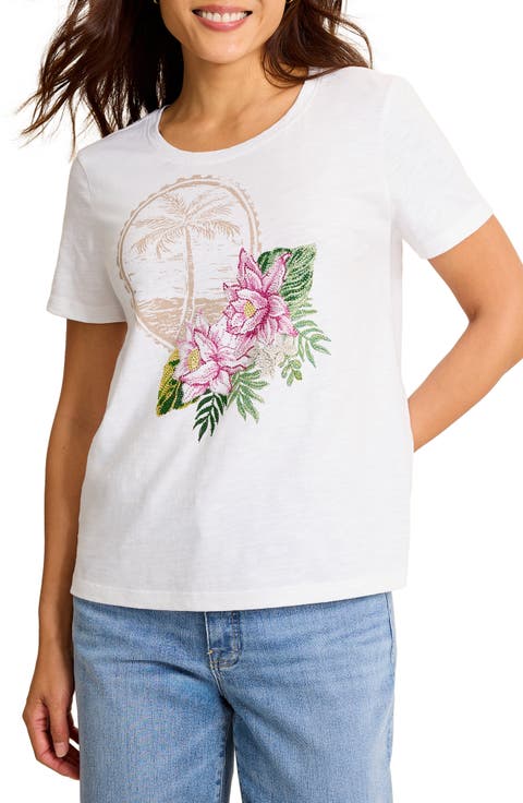 Lux Beaded Floral Stamp Graphic Organic Cotton T-Shirt