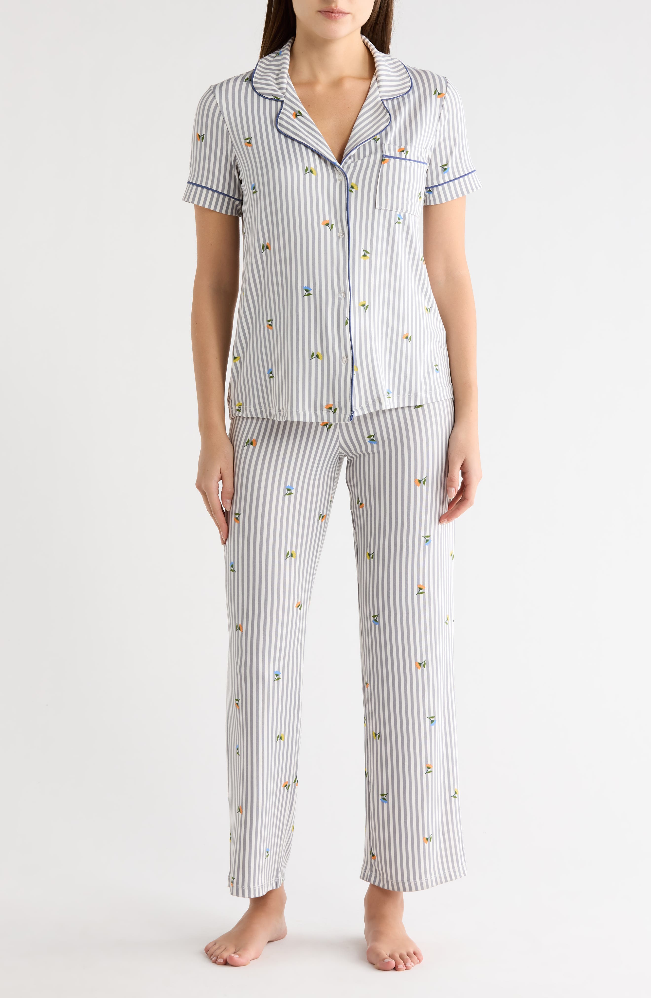 JACLYN Stripe Floral Notched Collar Pajamas