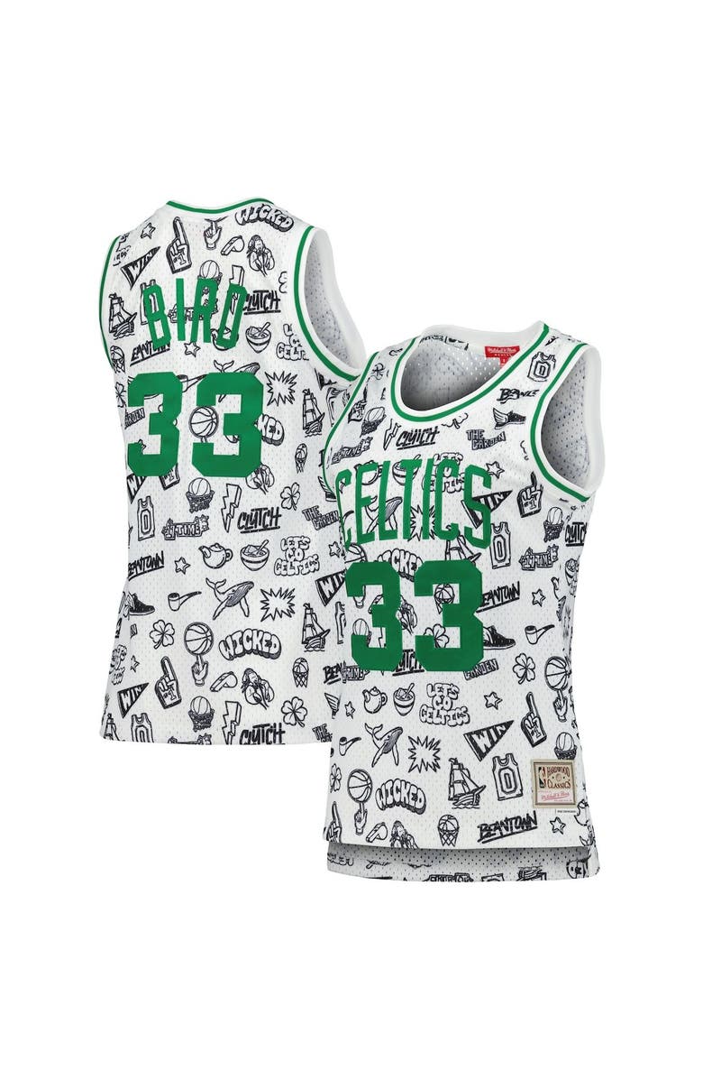 Mitchell & Ness Women's Mitchell & Ness Larry Bird White Boston Celtics 1985 Doodle Swingman Jersey, Alternate, color,