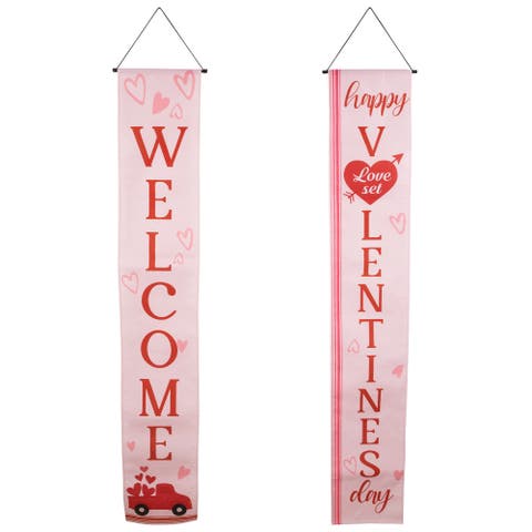 Set of 2 Pink "Welcome" and "Happy Valentine's Day" Outdoor Door Banners 71"