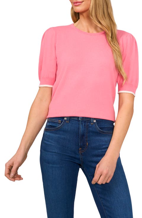 Contrast Edge Puff Sleeve Cotton Sweater