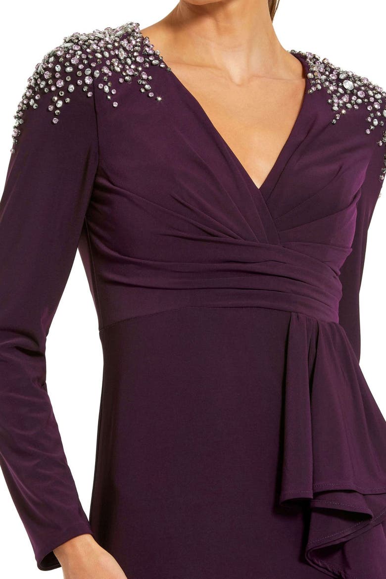 Long Sleeve Gown with Cascading Ruffle & Rhinestone Shoulders, Alternate, color, Amethyst