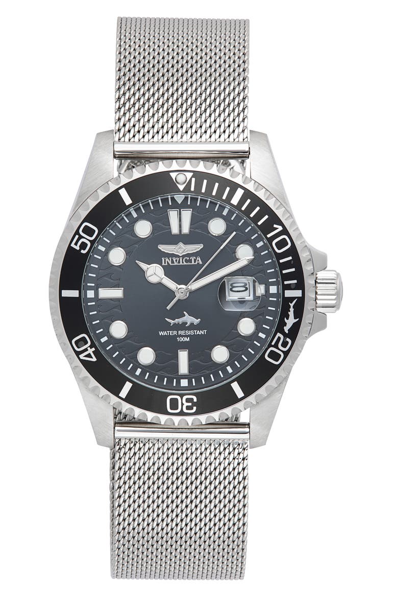 Pro Diver Auto Mesh Bracelet Watch, 43mm, Main, color, SILVER/ BLACK