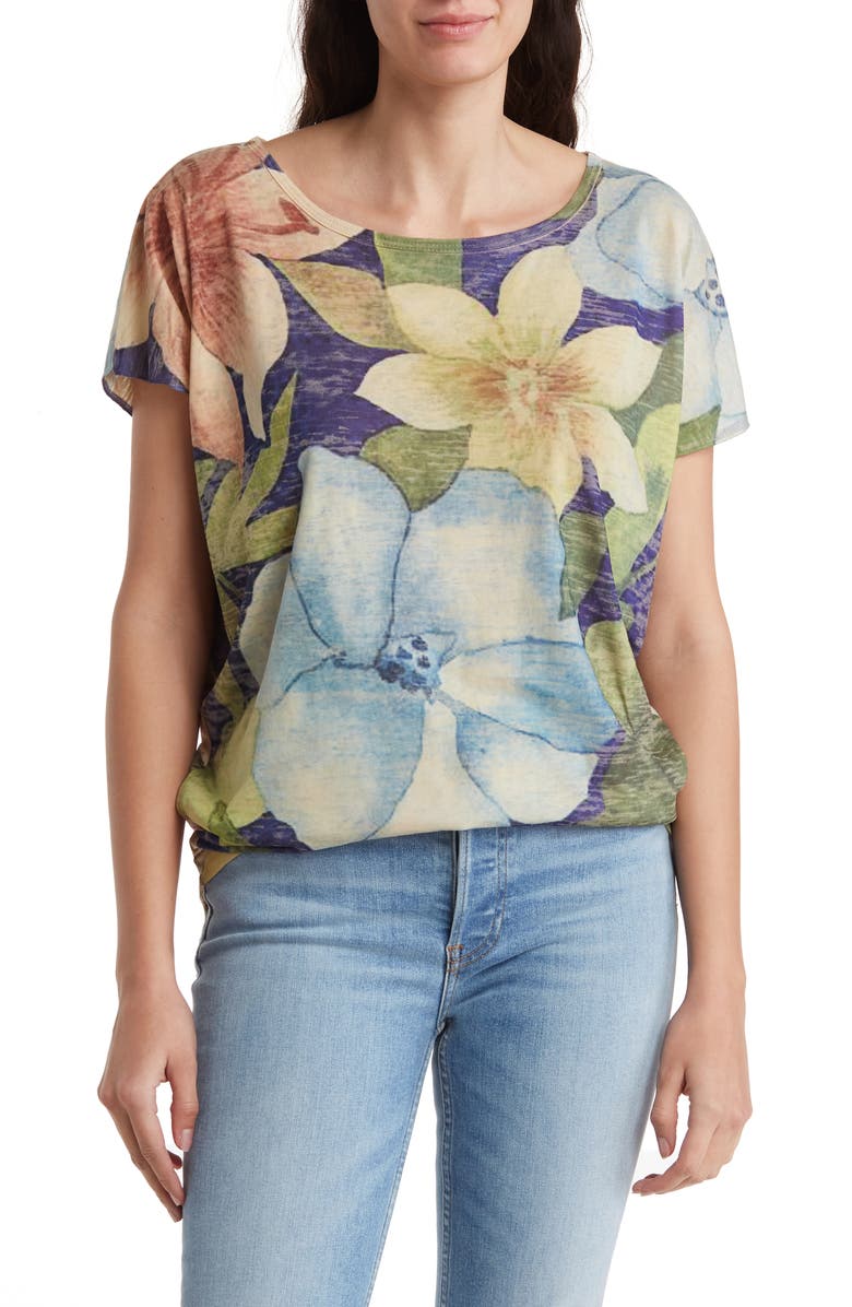 GO COUTURE Floral Print Short Sleeve T-Shirt, Main, color, Camel
