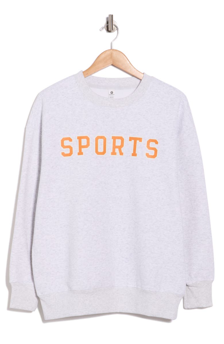 90 DEGREE BY REFLEX Varsity Vault Fleece Graphic Sweatshirt, Main, color, Heather Light Grey/ Orange