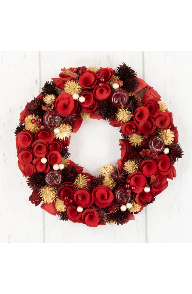 Northlight Wooden Roses, Apples and Pearls Artificial Christmas Wreath - 13" - Unlit - Red, Alternate, color, Red