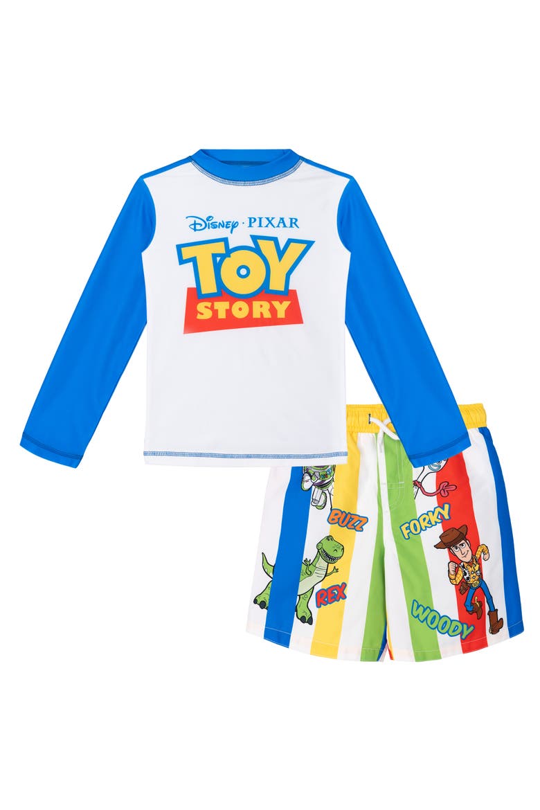 Toy Story Swimwear 2-Piece Rash Guard and Swim Trunks Set, Main, color, Toy Story Blue Stripe