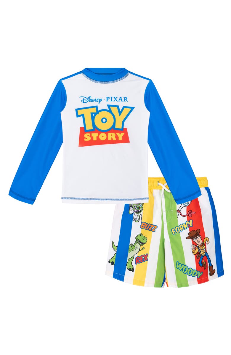 Disney Toy Story Swimwear 2-Piece Rash Guard and Swim Trunks Set, Main, color, Toy Story Blue Stripe