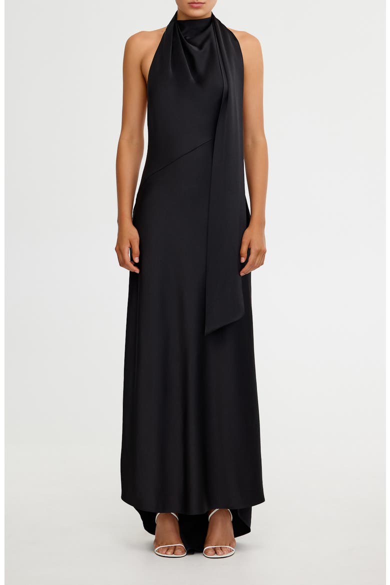 Adriana Open Back Satin Halter Gown, Main, color, BLACK