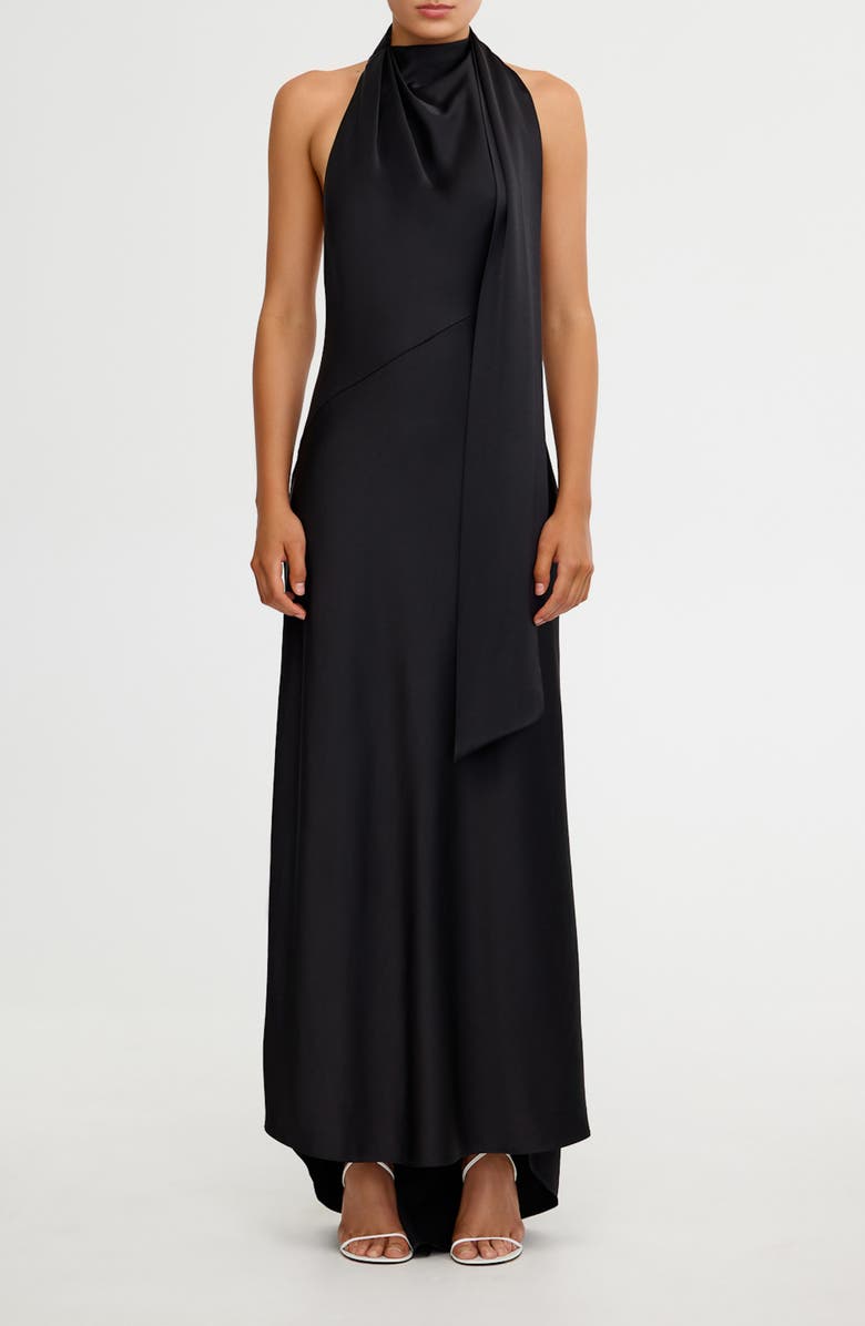 Significant Other Adriana Open Back Satin Halter Gown, Main, color, Black