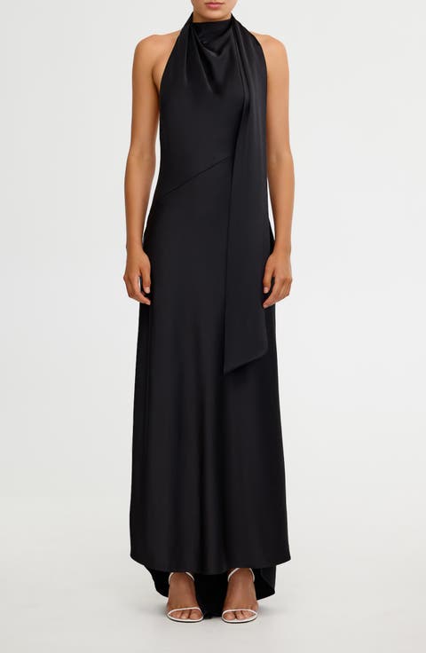 Adriana Open Back Satin Halter Gown