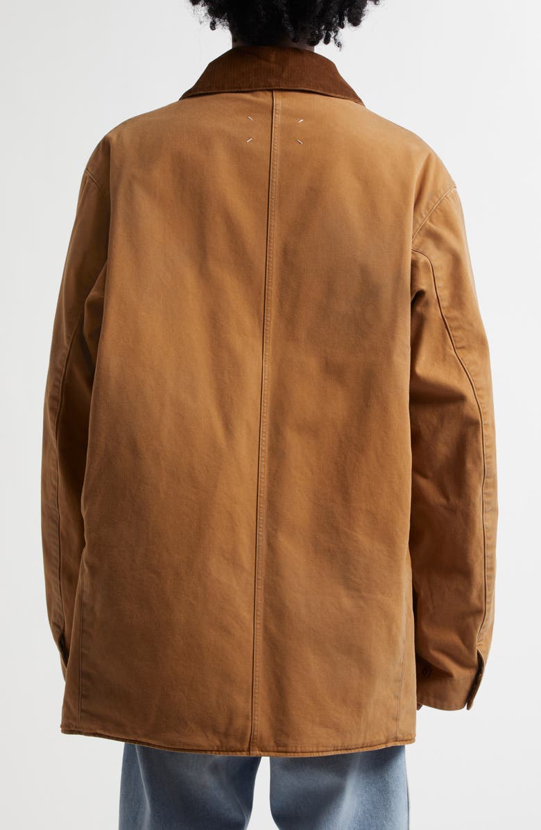 Maison Margiela Corduroy Collar Waxed Cotton Canvas Coat, Alternate, color, Ochre