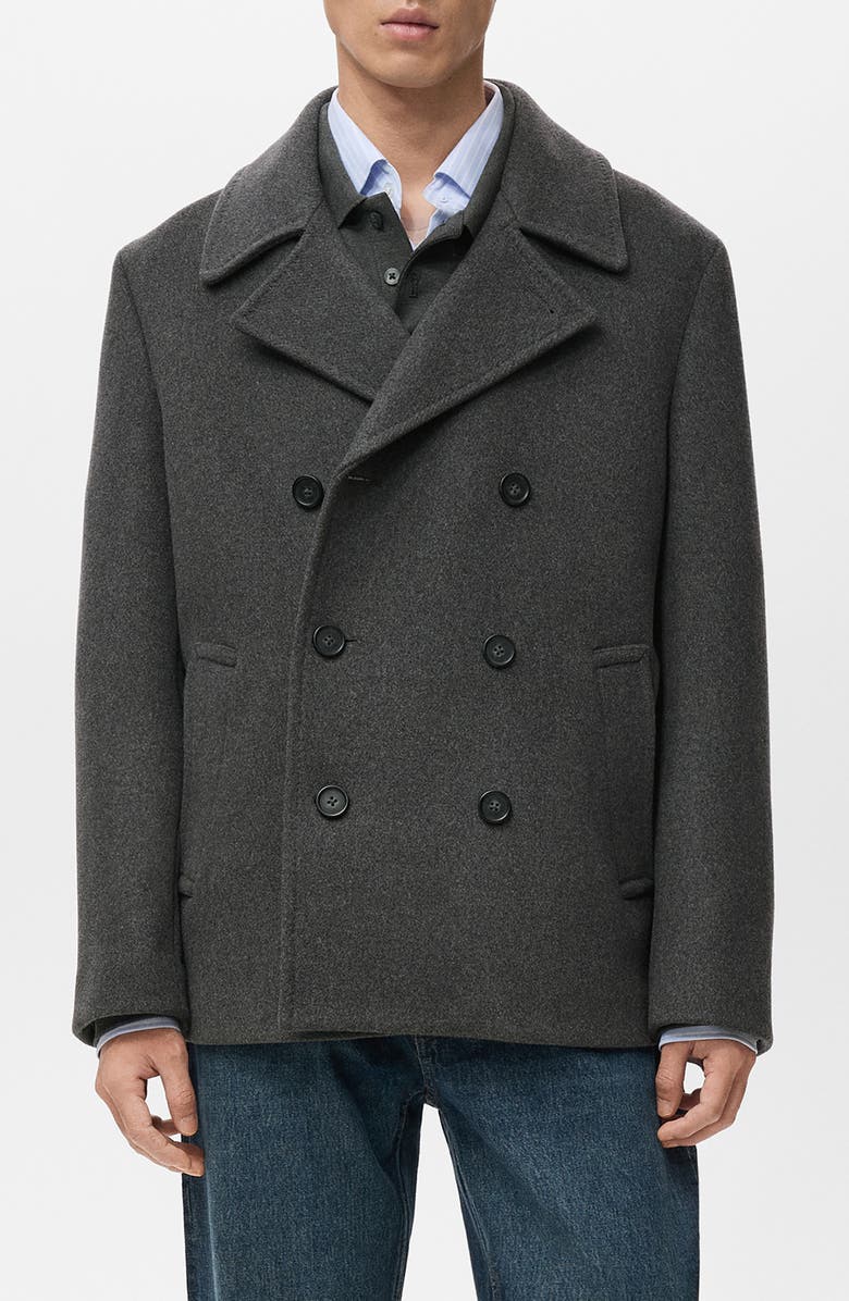 MANGO Wool Blend Double Breasted Peacoat, Main, color, Grey