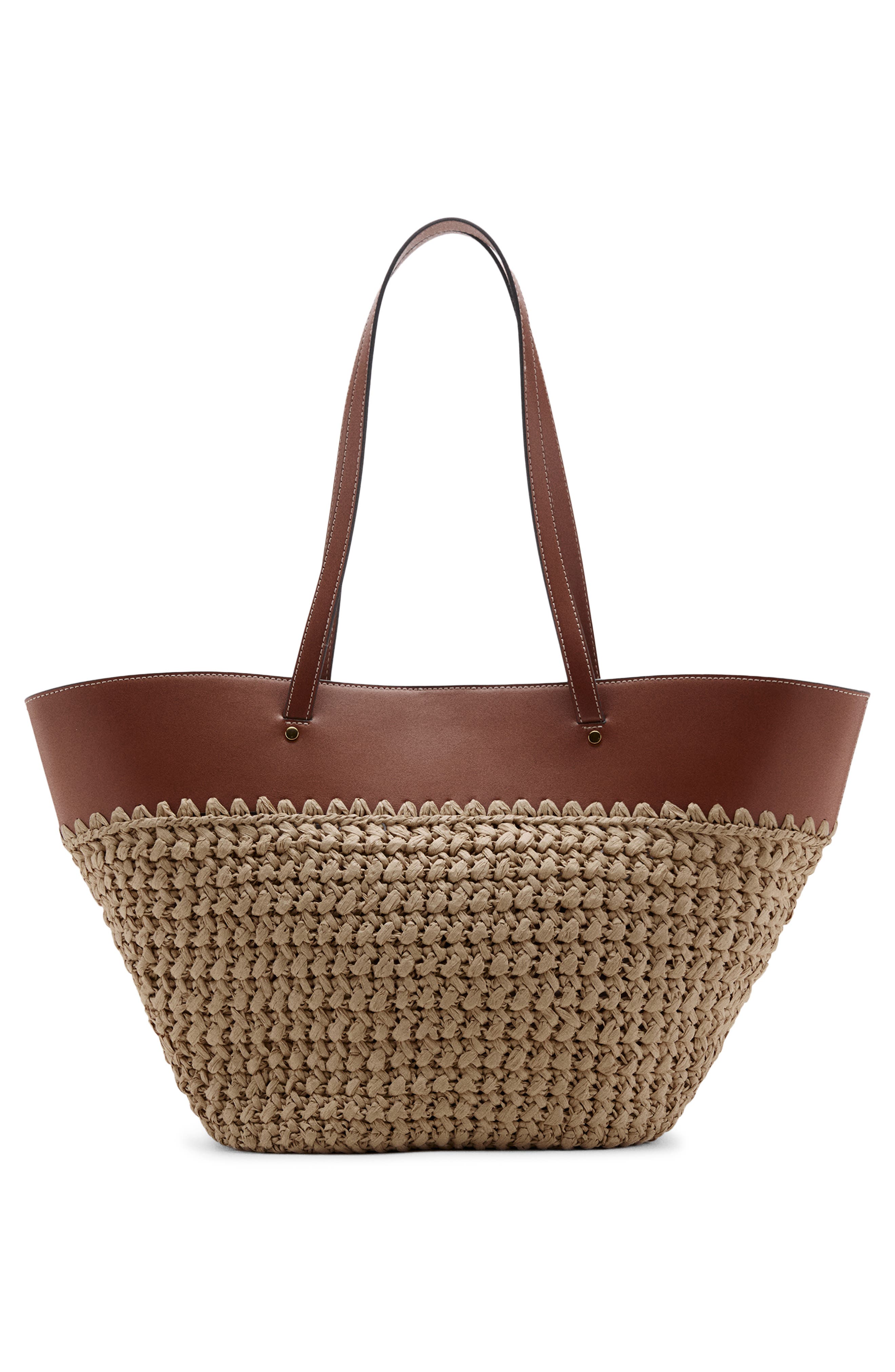 MANGO Paros Straw Tote, Alternate, color, Leather