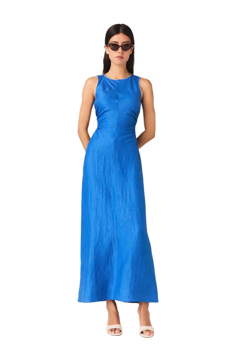 maje Backless Linen-Blend Midi Dress, Main, color, Blue