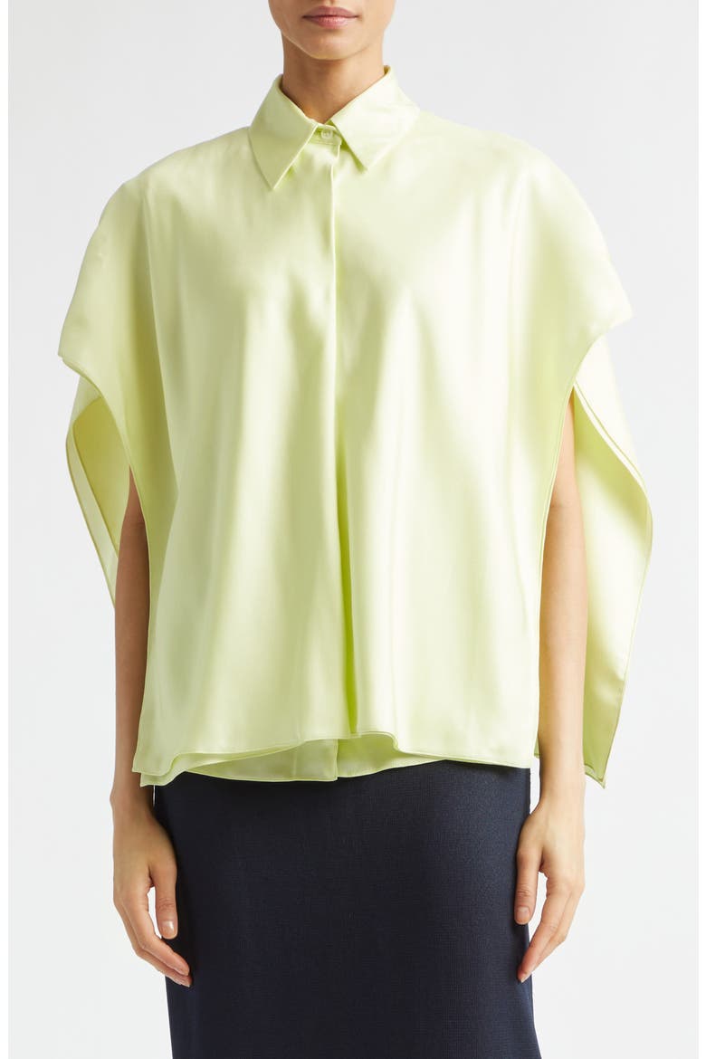 Layered Short Sleeve Silk Twill Button-Up Shirt, Main, color, 3400 LICHEN