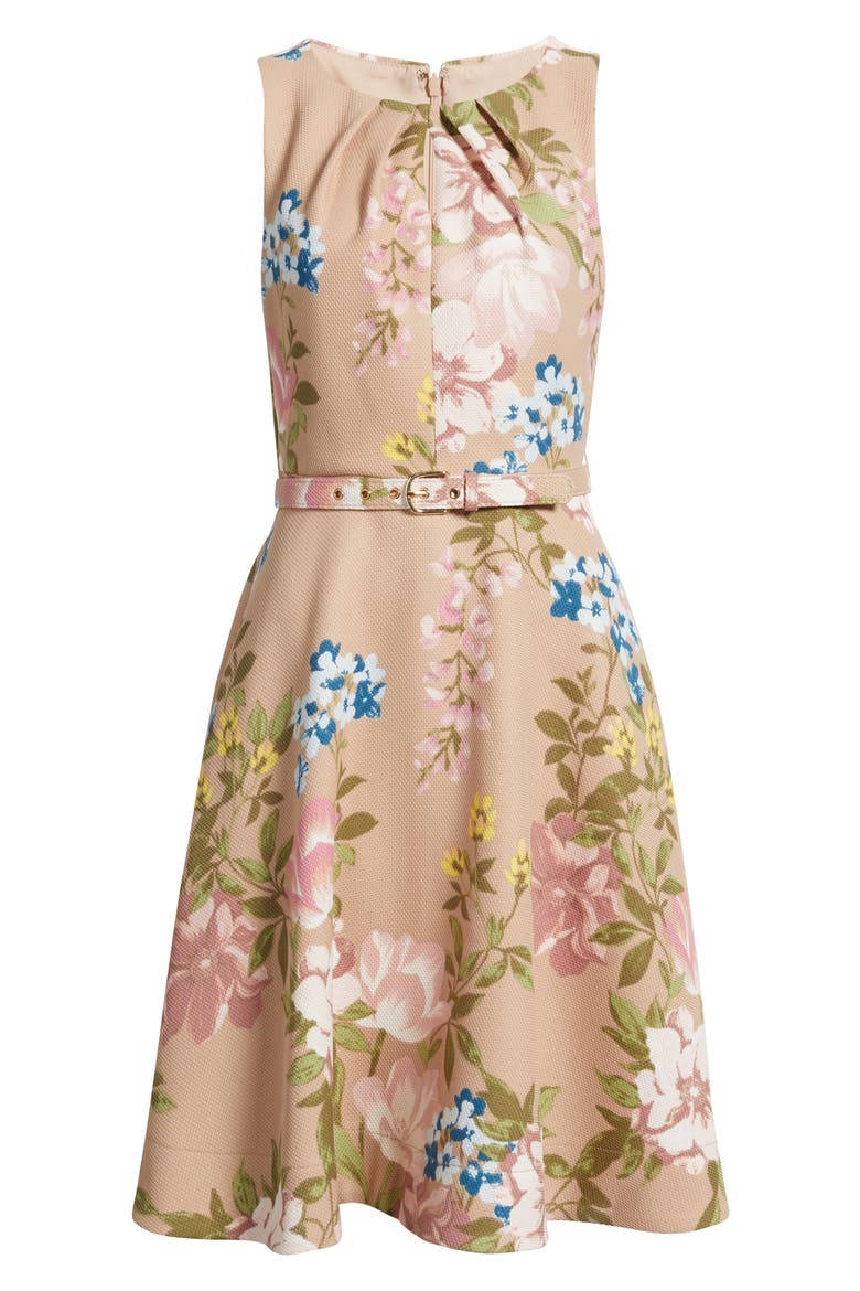 Floral Pleat Neck Sleeveless Fit & Flare Dress, Alternate, color, BLUSH TOAST
