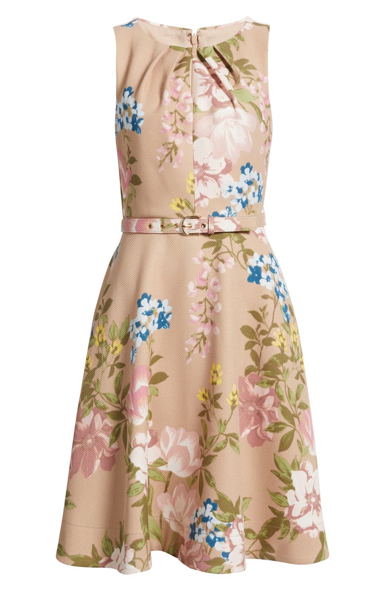 Tahari ASL Floral Pleat Neck Sleeveless Fit & Flare Dress, Alternate, color, Blush Toast