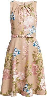 Tahari ASL Floral Pleat Neck Sleeveless Fit & Flare Dress